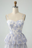 White Blue Flower A Line Spaghetti Straps Tiered Bridesmaid Dress With Ruffles