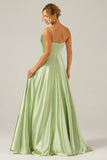 Dusty Sage A Line Cowl Neck Satin Long Prom Dress with Pleated