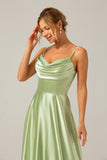 Dusty Sage A Line Cowl Neck Satin Long Prom Dress with Pleated