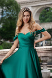 Dark Green A Line Off the Shouder Satin Long Bridesmaid Dress