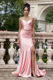 Blush Mermaid Spaghetti Straps Satin Prom Dress with Slit