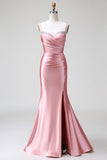 Blush Mermaid Spaghetti Straps Satin Prom Dress with Slit