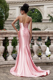 Blush Mermaid Spaghetti Straps Satin Prom Dress with Slit