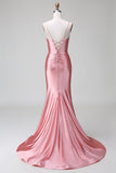 Blush Mermaid Spaghetti Straps Satin Long Prom Dress with Slit