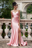 Blush Mermaid Spaghetti Straps Satin Prom Dress with Slit