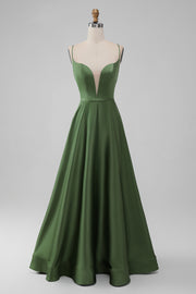 Green Satin V Neck A-line Long Bridesmaid Dress