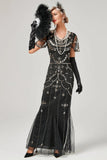 Green Beaded Long Flapper Dress with 1920s Accessories Set