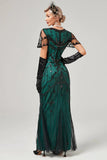 Green Beaded Long Flapper Dress with 1920s Accessories Set
