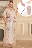 Apricot Flower Long Sequins 1920s Dress with Accessories Set