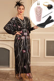 Sparkly Black Flower Oversized Long 1920s Dress with Accessories Set