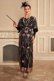 Sparkly Black Flower Oversized Long 1920s Dress with Accessories Set