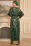 Sparkly Dark Green Flowers Sequins Long 1920s Dress with Accessories Set