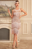 Sparkly Blush Tiered Fringed 1920s Dress with Accessories Set