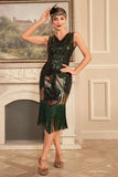Green V-neck Sparkly Fringes 1920s Dress with Accessories Set