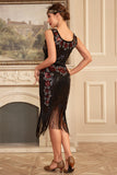Black Sleeveless Sparkly Fringes Flapper Dress with Accessories Set