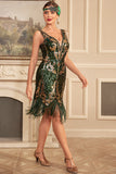 Green Golden Sequins Fringe 1920s Gatsby Dress with Accessories Set