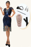 Sparkly Black Blue Bodycon V-Neck 1920s Dress With Beading