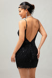 Black Spaghetti Straps Sequins 1920s Dress with Accessories Set