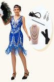 Sparkly Royal Blue Sequins Fringe 1920s Dress with 5-Piece Accessories Set