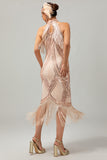 Champagne Sequin Halter Fringe 1920s Dress with 5-Piece Accessories Set