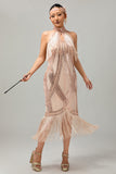 Champagne Sequin Halter Fringe 1920s Dress with 5-Piece Accessories Set