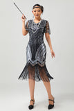 Black Silver Sequin V Neck Fringe 1920s Dress with 5-Piece Accessories Set