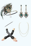 Dark Green Sequin Bodycon Tiered Fringed 1920s Dress with With 5-Piece Accessories Set