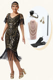V Neck Bodycon Black Golden Sequin Fringed 1920s Dress with 5-Piece Accessories Set