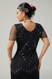 Black Silver Beaded Bodycon Fringed 1920s Dress With 5-Piece Accessories Set