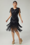 Black Silver Beaded Bodycon Fringed 1920s Dress With 5-Piece Accessories Set