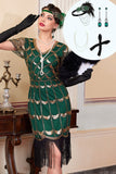 Green Golden Sequins V-Neck Fringed Bodycon 1920s Dress With 4-Piece Accessories Set