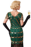 Green Golden Sequins V-Neck Fringed Bodycon 1920s Dress With 4-Piece Accessories Set