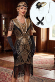 Sparkly Black Golden Bodycon Fringed Sheer Short Sleeves Midi 1920s Dress With 4-Piece Accessories Set