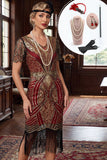 Sparkly Red Golden V-Neck Sequins Fringed Bodycon Midi 1920s Dress With 5-Piece Accessories Set
