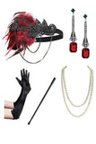 Black Red Sequins Spaghetti Straps Bodycon Fringed Midi 1920s Dress With 5-Piece Accessories Set