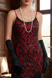 Black Red Sequins Spaghetti Straps Bodycon Fringed Midi 1920s Dress With 5-Piece Accessories Set