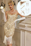 Bodycon Apricot Sequins Spaghetti Straps Fringed Midi 1920s Dress With 5-Piece Accessories Set