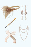 Bodycon Apricot Sequins Spaghetti Straps Fringed Midi 1920s Dress With 5-Piece Accessories Set