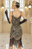 Black Golden Bodycon Spaghetti Straps Sequins Fringed Midi 1920s Dress With 20s Accessories Set