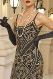 Black Golden Bodycon Spaghetti Straps Sequins Fringed Midi 1920s Dress With 20s Accessories Set