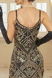 Black Golden Bodycon Spaghetti Straps Sequins Fringed Midi 1920s Dress With 20s Accessories Set
