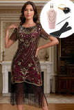 Burgundy Round Neck Sequins Beaded Bodycon Fringed Midi 1920s Dress With 5-Piece Accessories Set