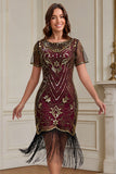 Burgundy Round Neck Sequins Beaded Bodycon Fringed Midi 1920s Dress With 5-Piece Accessories Set