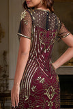 Burgundy Round Neck Sequins Beaded Bodycon Fringed Midi 1920s Dress With 5-Piece Accessories Set