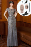Grey Round Neck Sequins Sheath Long Cap Sleeves 1920s Dress With 20s Accessories Set