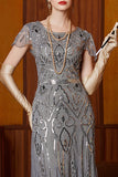 Grey Round Neck Sequins Sheath Long Cap Sleeves 1920s Dress With 20s Accessories Set