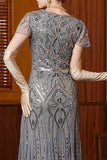 Grey Round Neck Sequins Sheath Long Cap Sleeves 1920s Dress With 20s Accessories Set