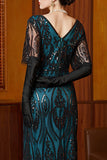 Sparkly Black Blue Sheath V-Neck Sequins Long 1920s Dress With 4-Piece Accessories Set