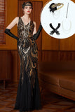 Black Golden V-Neck Sequins Mermaid Tulle Long 1920s Dress With 4-Piece Accessories Set