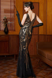 Black Golden V-Neck Sequins Mermaid Tulle Long 1920s Dress With 4-Piece Accessories Set